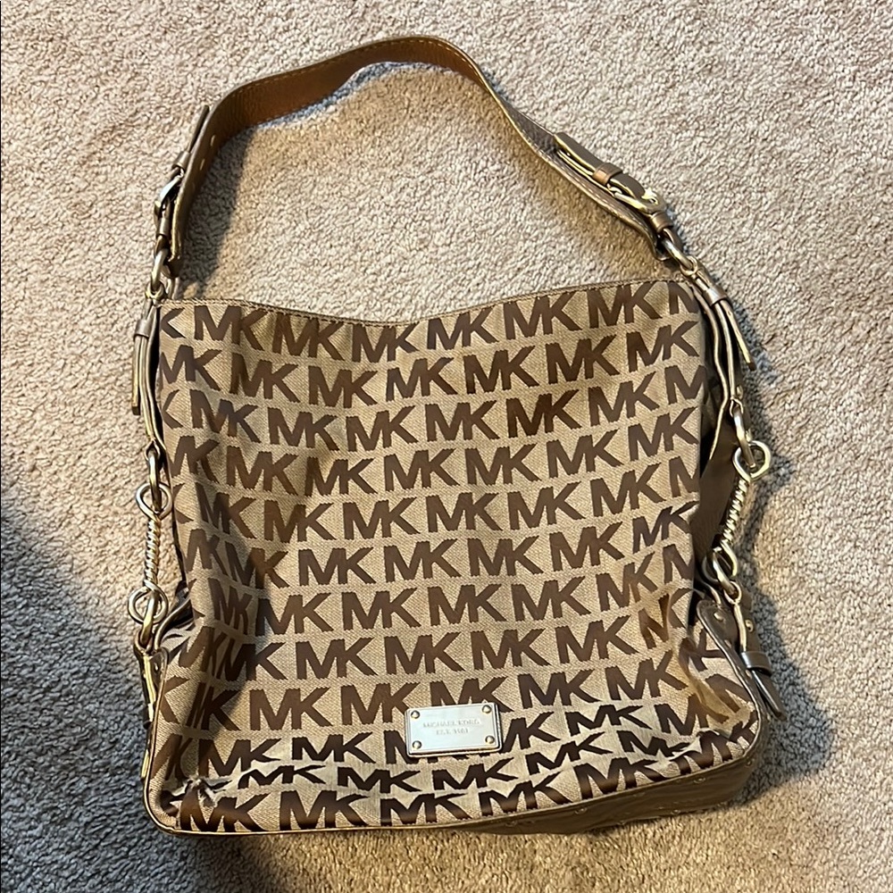 Michael Kors Brown Hobo Shoulder Bag with MK Pattern